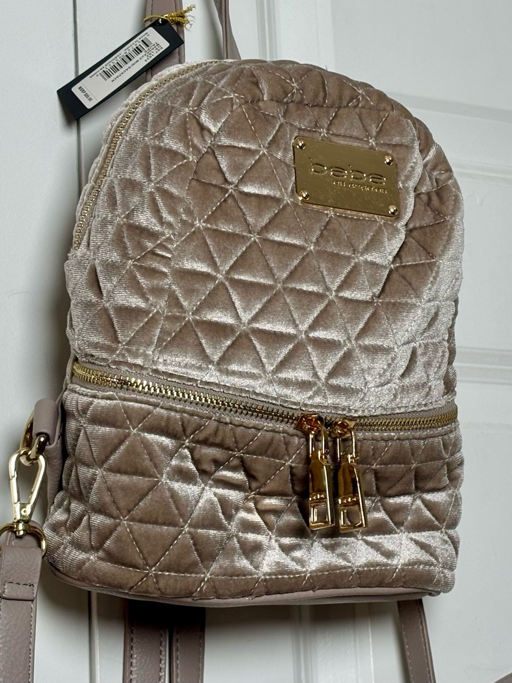 Bebe Julia Diamond-Quilted Velvet Mini Backpack in Taupe